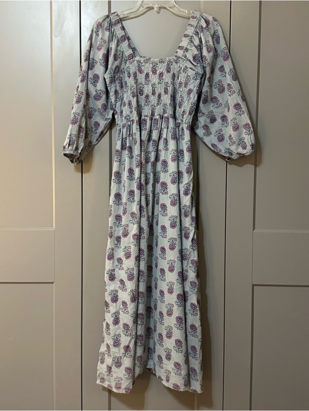 Madison Mathews  Floral Block Print Maxi Dress Puff Sleeve Smocked Bodice Blue L